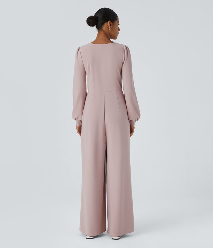 V Neck Long Sleeve Side Pocket Wide Leg Casual Jumpsuit