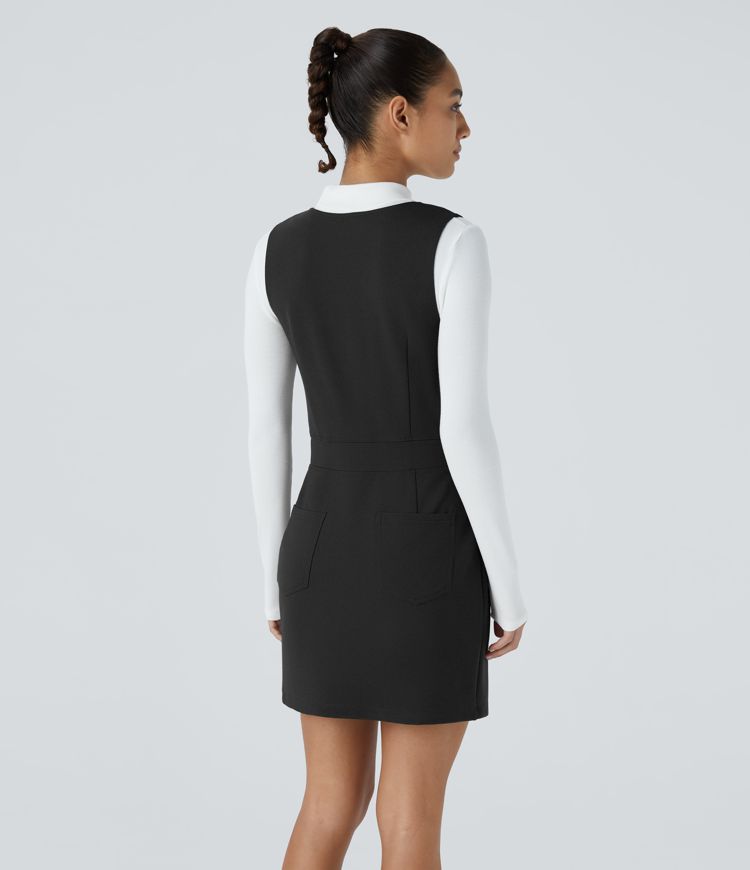 V Neck Sleeveless Decorative Button Back Side Pocket Mini Work Dress