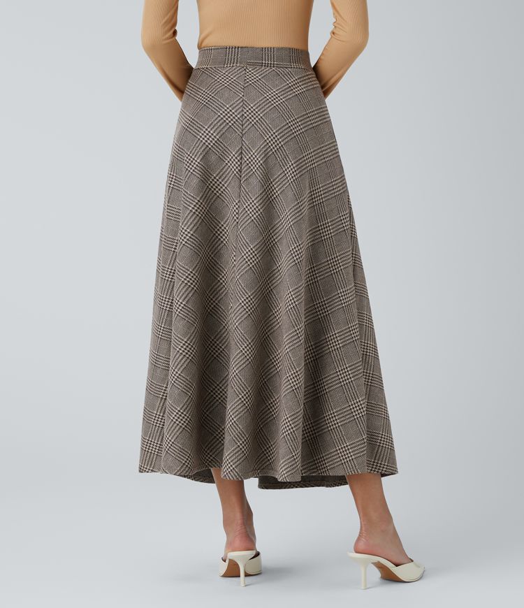 High Waisted Side Pocket Houndstooth Plaid Flare Midi Casual Skirt