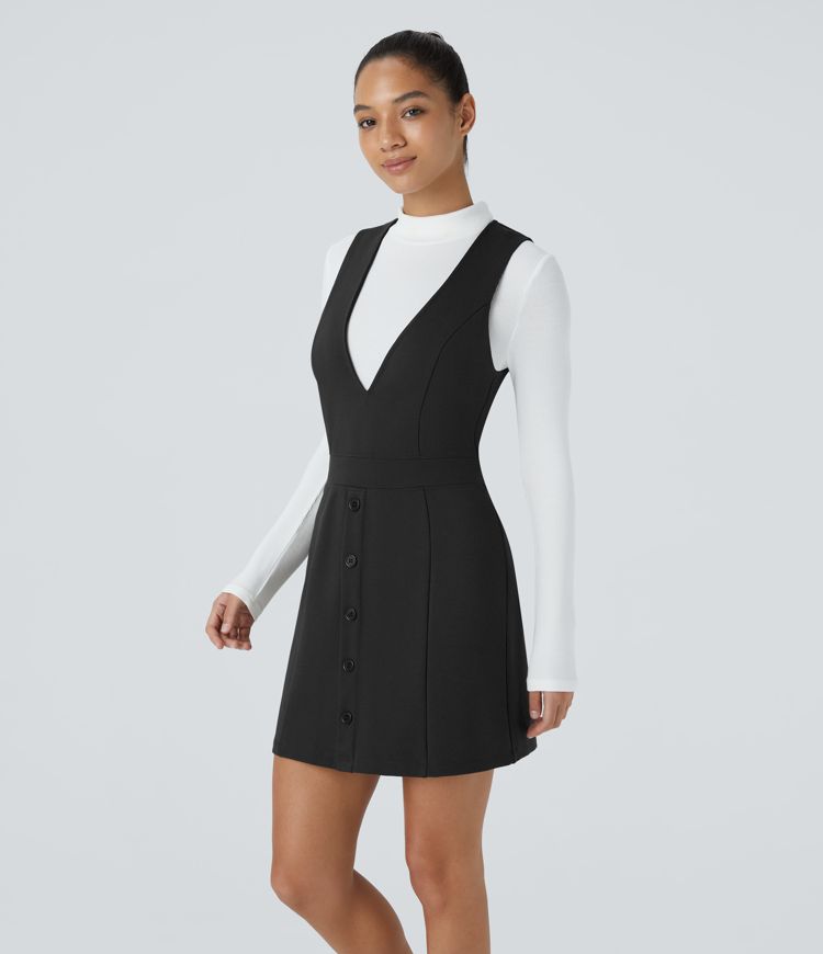 V Neck Sleeveless Decorative Button Back Side Pocket Mini Work Dress