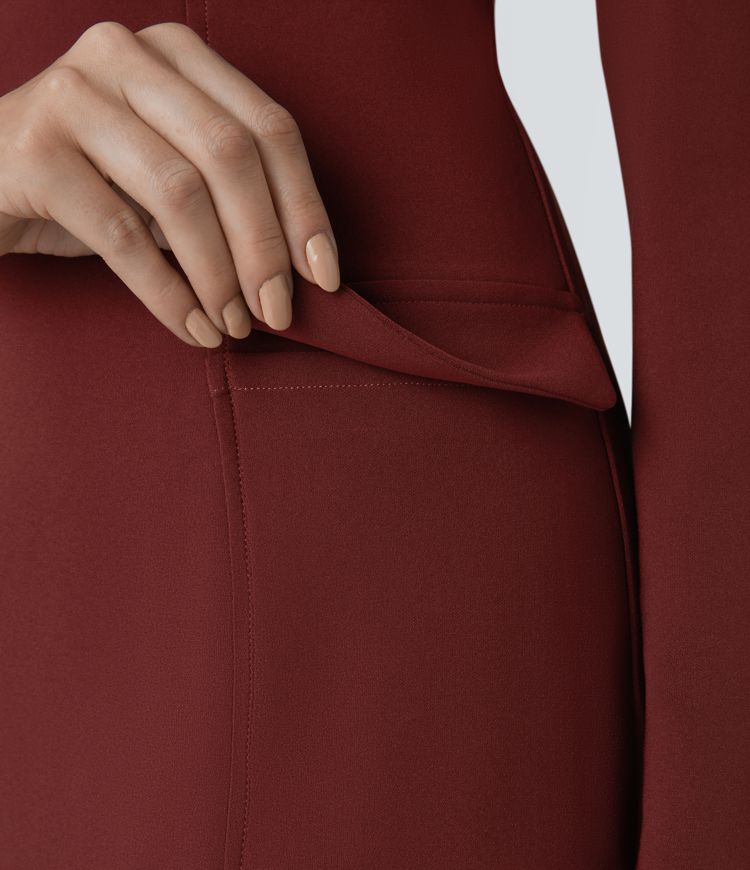 Robe décontractée courte moulante à col carré, manches longues, fermeture éclair invisible et poches à rabat