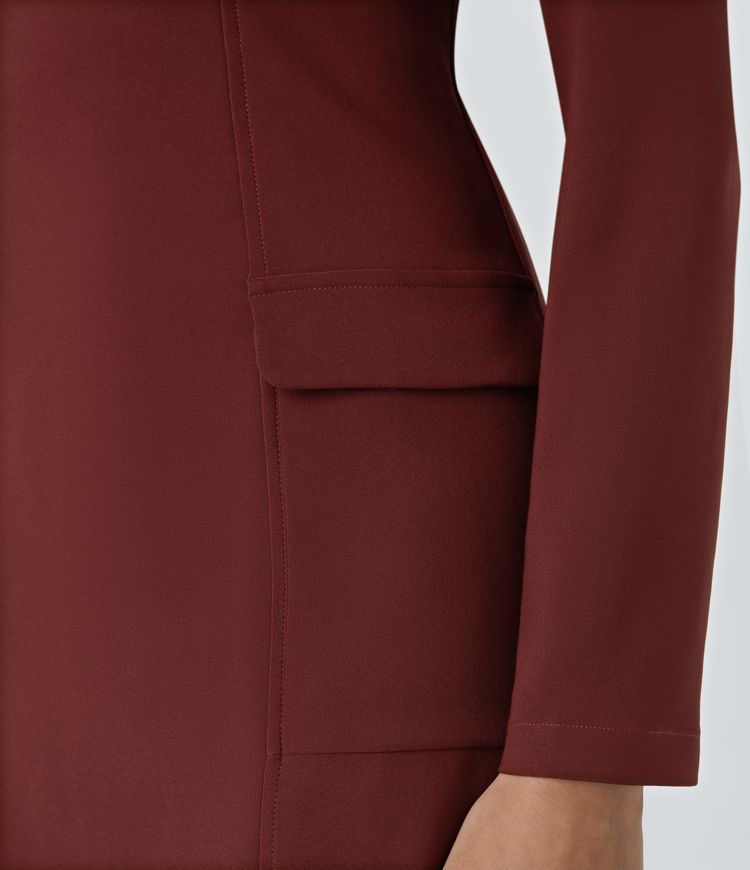 Robe décontractée courte moulante à col carré, manches longues, fermeture éclair invisible et poches à rabat