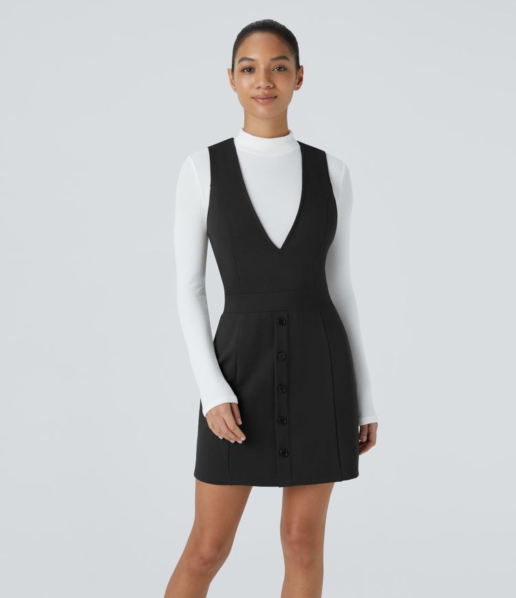 V Neck Sleeveless Decorative Button Back Side Pocket Mini Work Dress