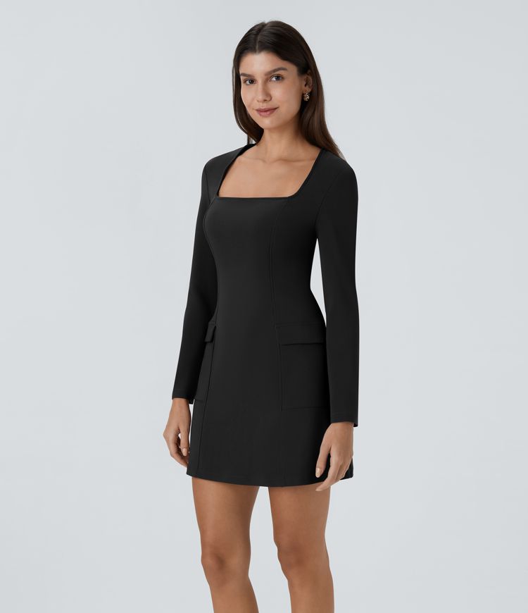 Square Neck Long Sleeve Invisible Zipper Flap Pocket Slim Mini Casual Dress