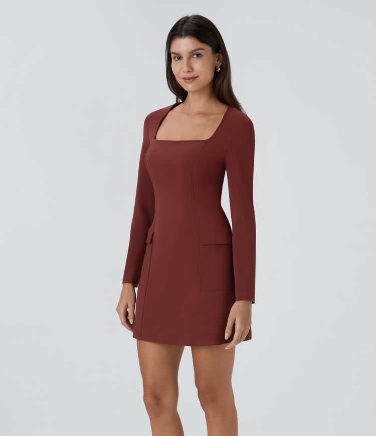 Robe décontractée courte moulante à col carré, manches longues, fermeture éclair invisible et poches à rabat