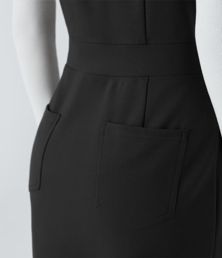 V Neck Sleeveless Decorative Button Back Side Pocket Mini Work Dress