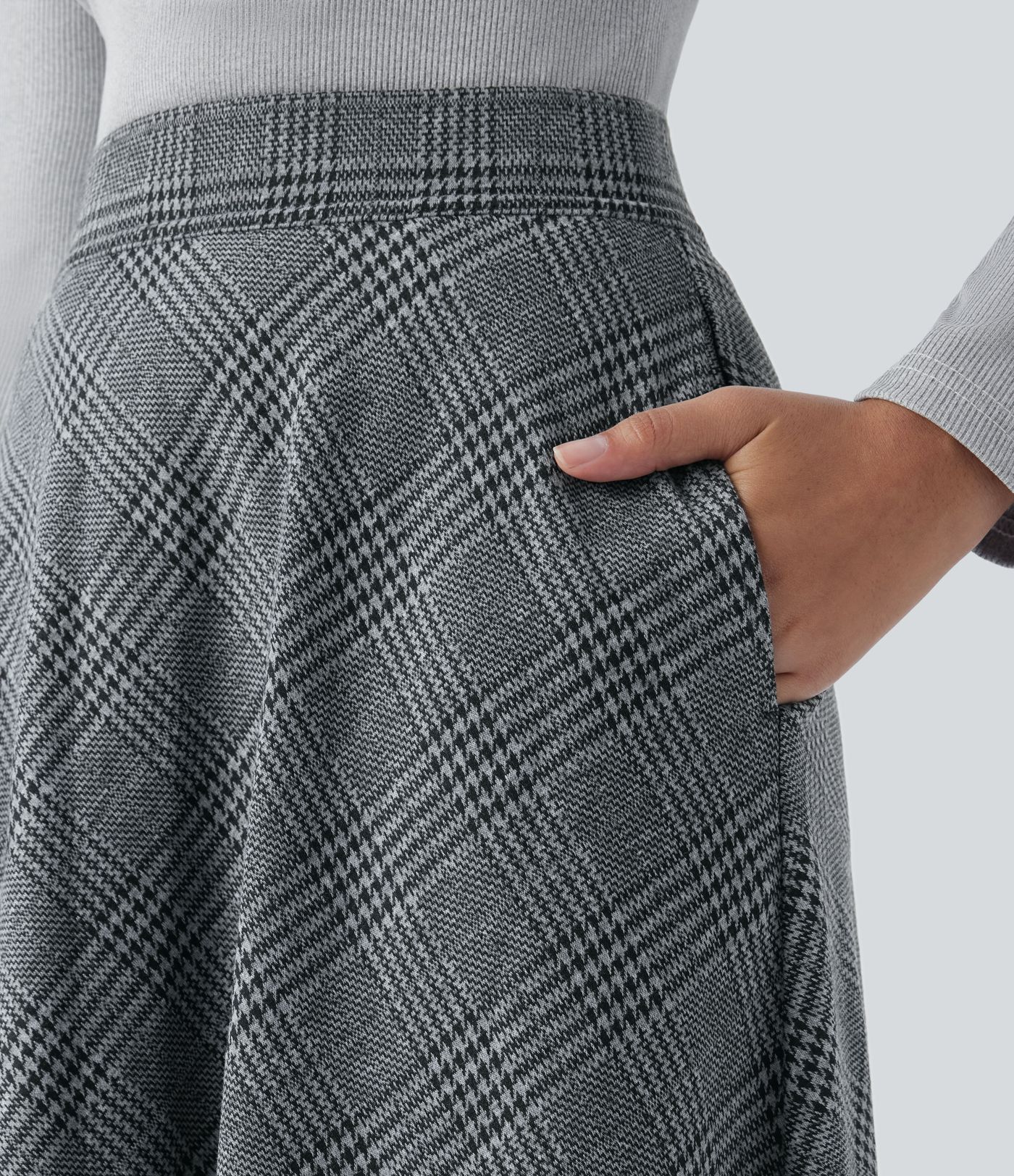 Falda midi casual de cintura alta con bolsillos de cuadros pata de gallo