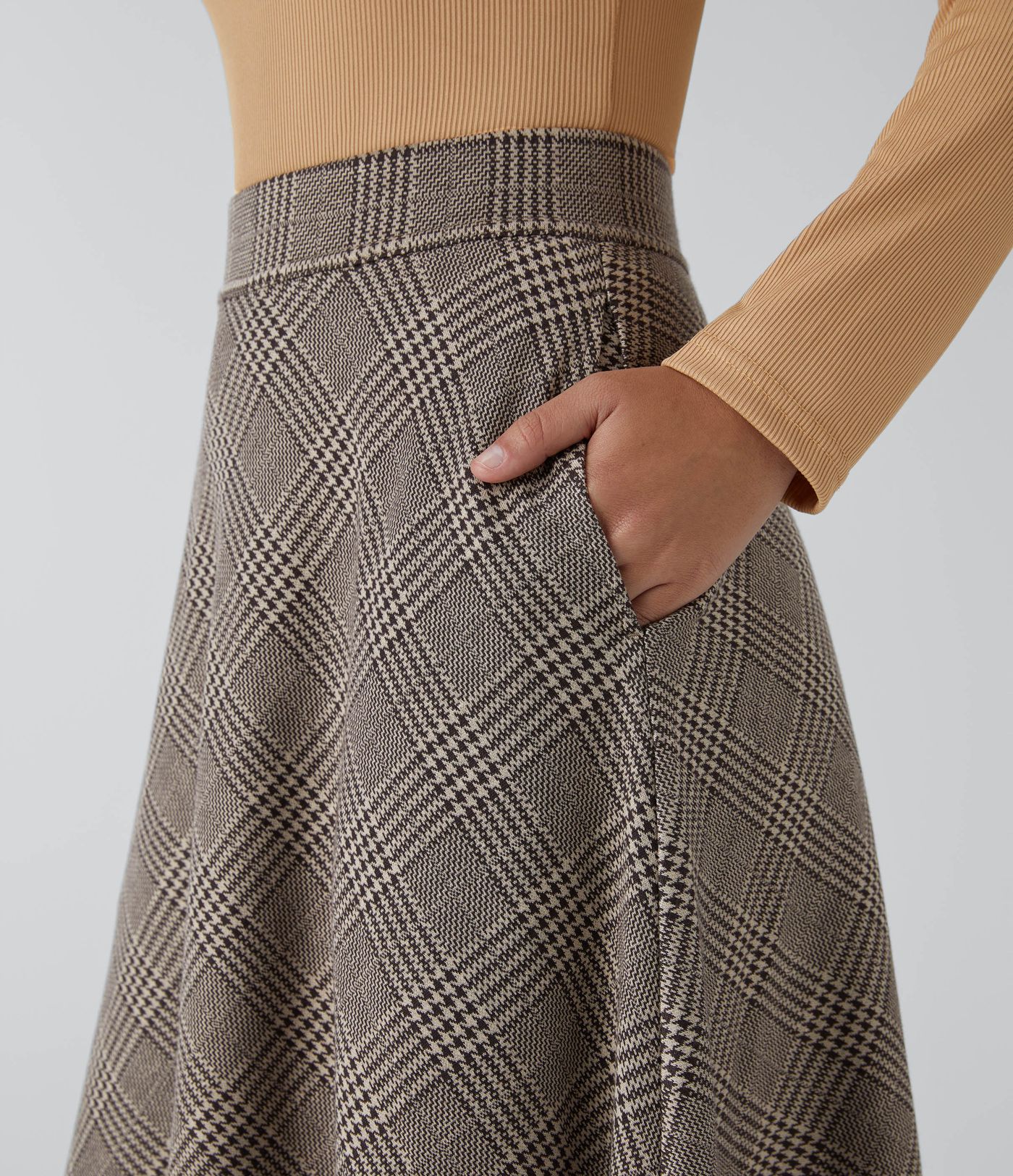 Høyt Livet Lomme Hundstann Rutet Vid Midi Avslappet Skjørt