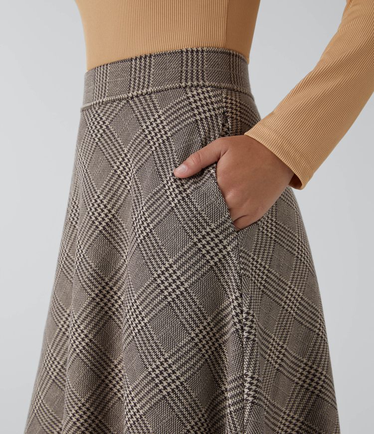Women's High Waisted Pocket Houndstooth Plaid Flare Midi