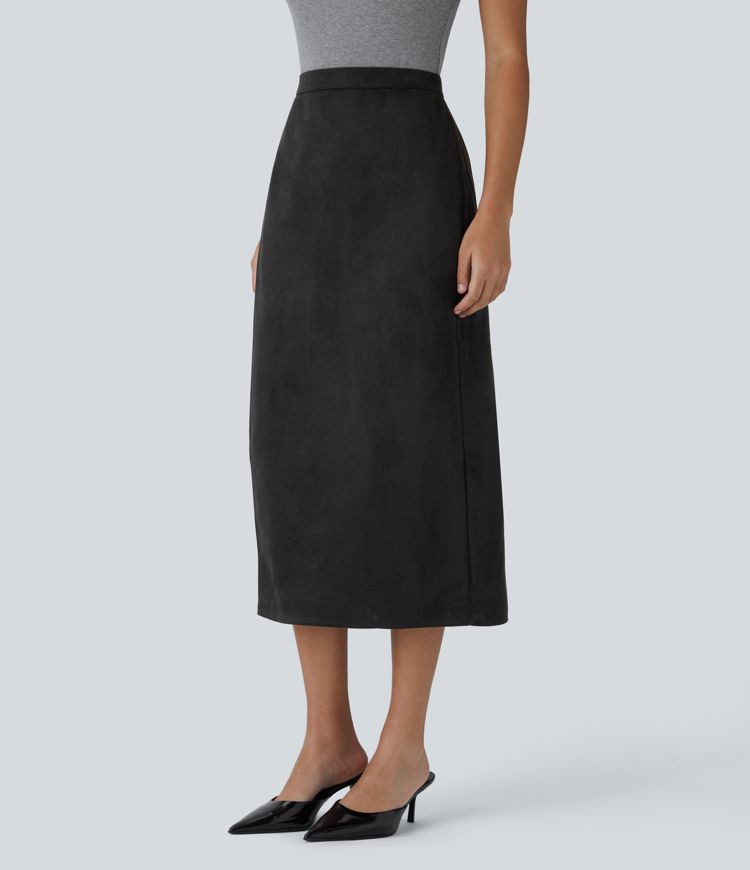 Falda oficina midi gamuza abertura bolsillos lateral tiro alto