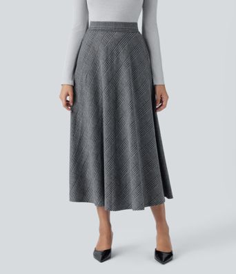 Falda midi casual de cintura alta con bolsillos de cuadros pata de gallo