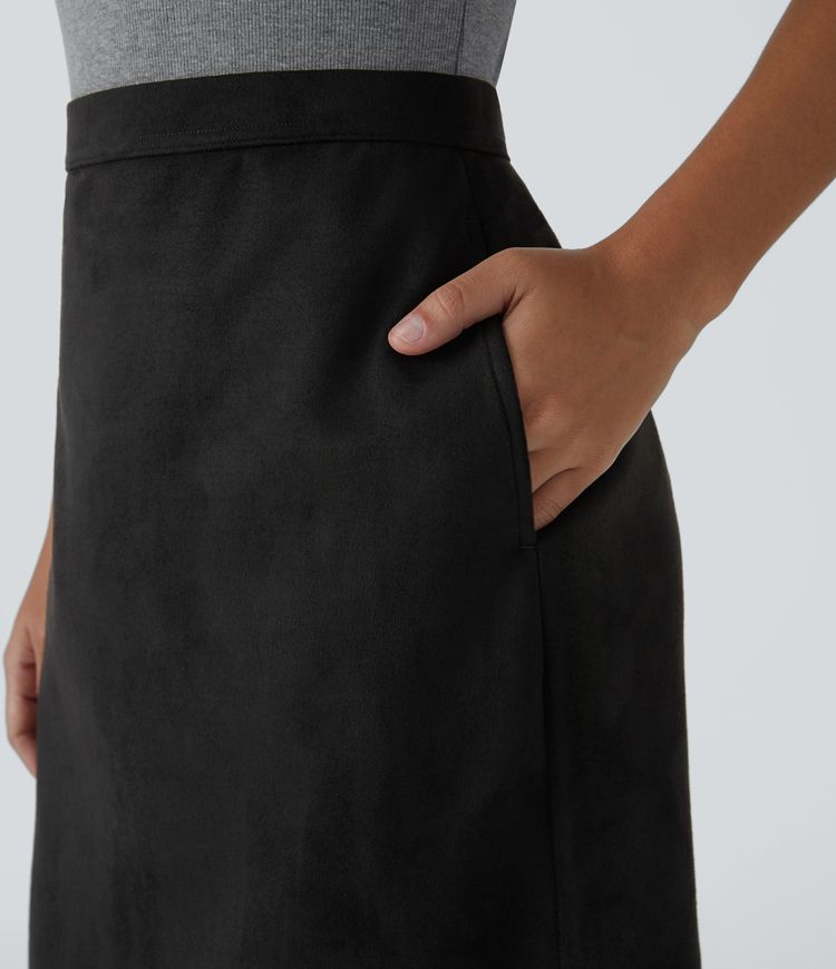 Falda oficina midi gamuza abertura bolsillos lateral tiro alto