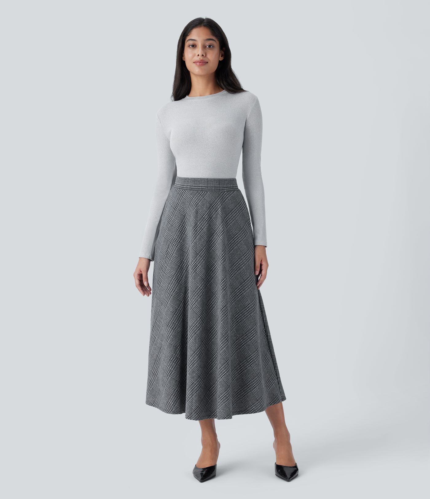 Falda midi casual de cintura alta con bolsillos de cuadros pata de gallo