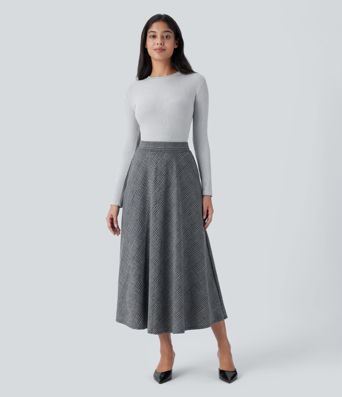 Falda midi casual de cintura alta con bolsillos de cuadros pata de gallo