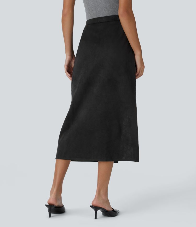 Falda oficina midi gamuza abertura bolsillos lateral tiro alto