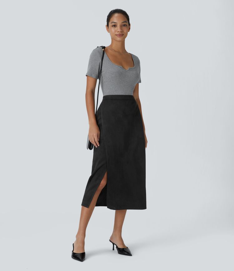 Falda oficina midi gamuza abertura bolsillos lateral tiro alto