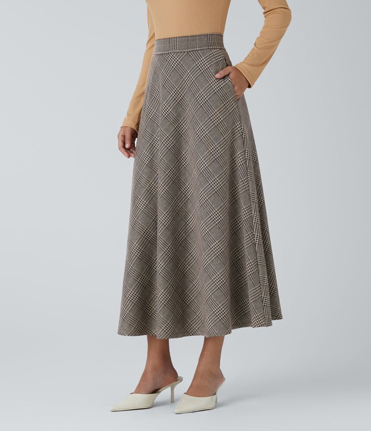 High Waisted Pocket Houndstooth Plaid Flare Midi Casual Skirt