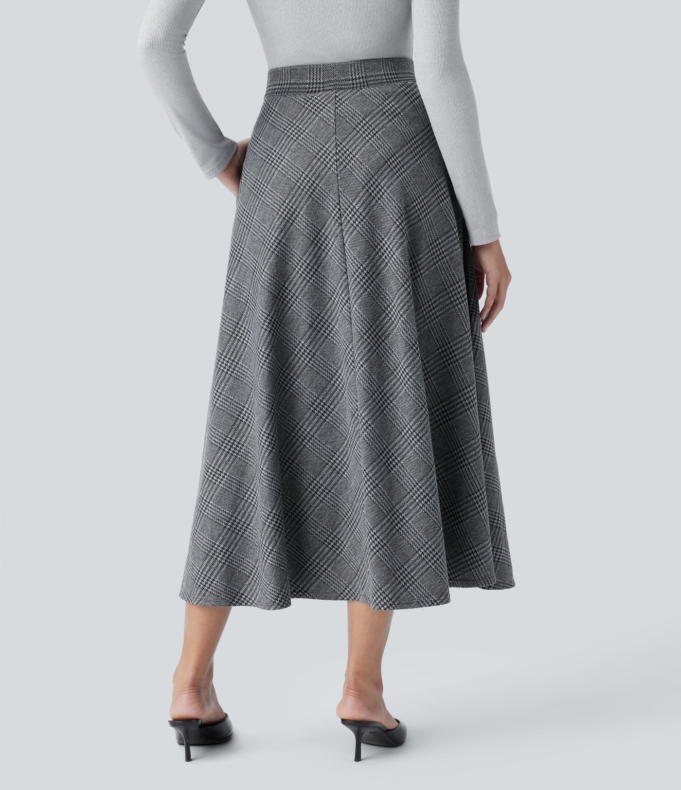 Falda midi casual de cintura alta con bolsillos de cuadros pata de gallo