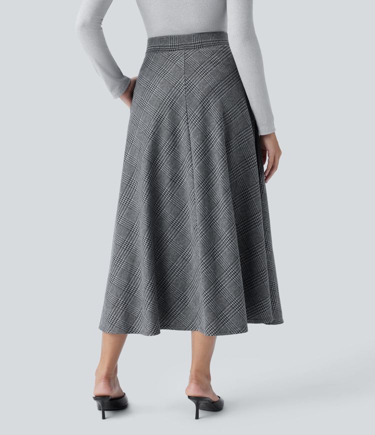 Falda midi casual de cintura alta con bolsillos de cuadros pata de gallo