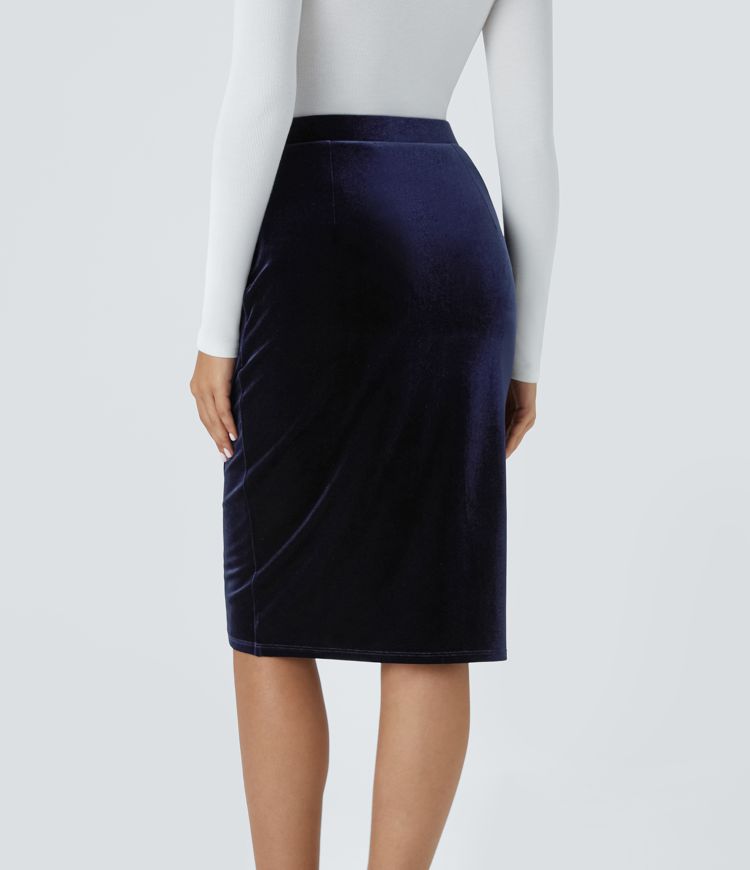 High-waist ruched tulip-hem midi velvet work skirt
