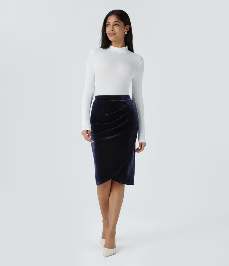 High-waist ruched tulip-hem midi velvet work skirt