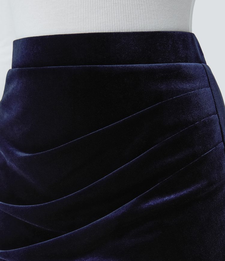 High-waist ruched tulip-hem midi velvet work skirt