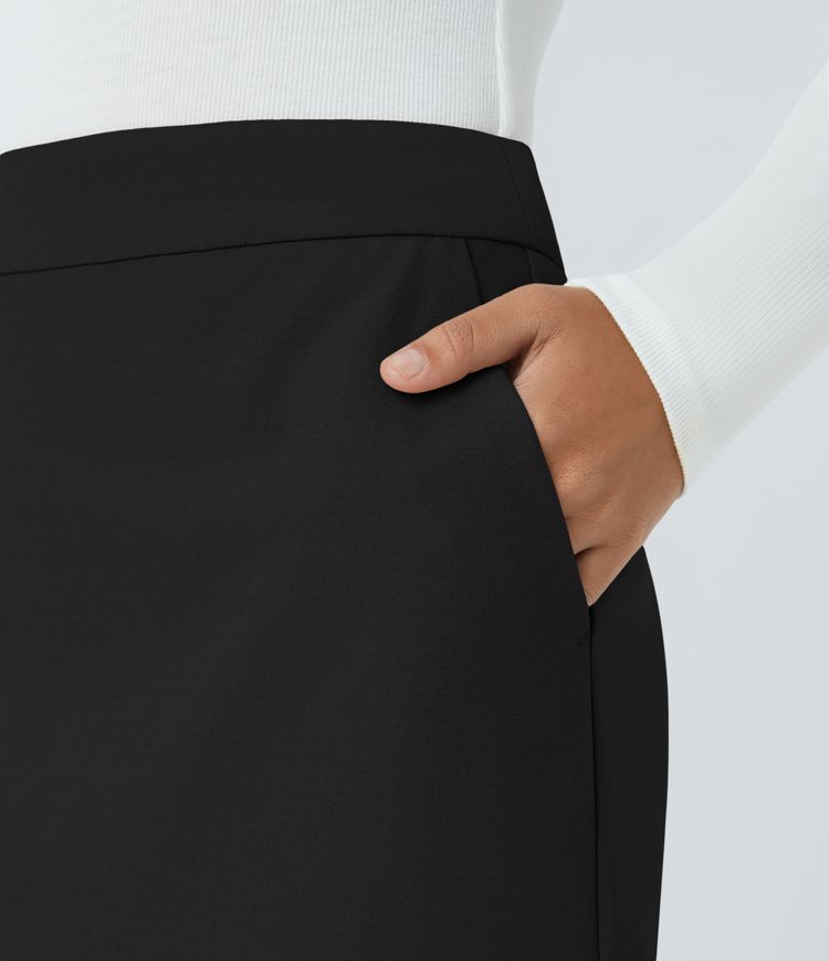 Falda oficina recta tiro alto bolsillo lateral cremallera invisible dobladillo dividido 2 en 1