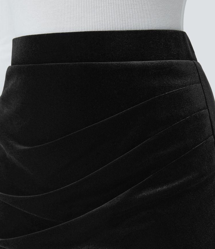 Women's High Waisted Ruched Tulip Hem Midi Velvet Work Skirt