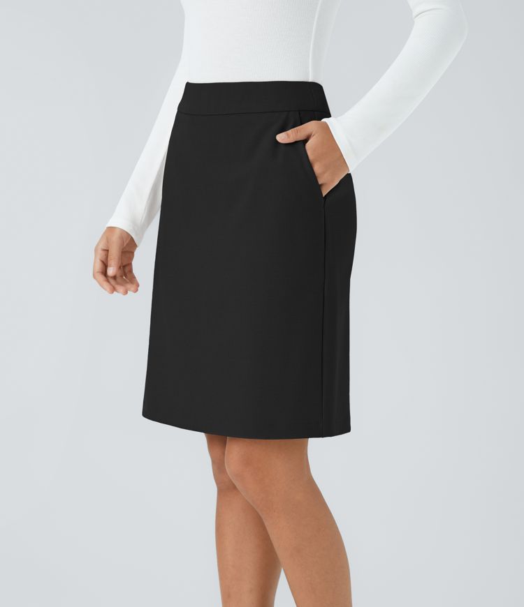 Falda oficina recta tiro alto bolsillo lateral cremallera invisible dobladillo dividido 2 en 1