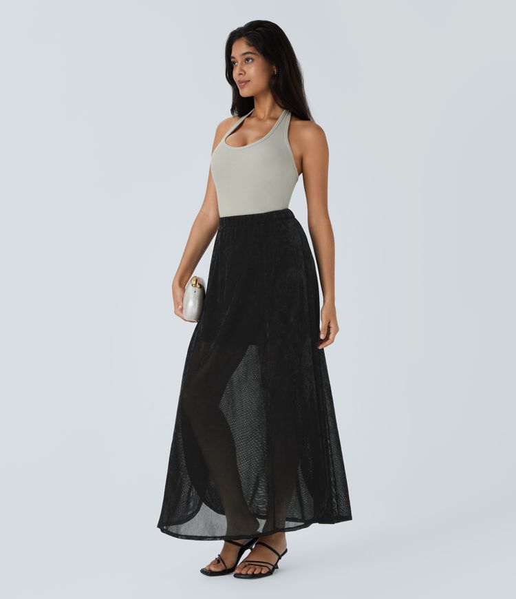 Sheer High Waisted Velvet Maxi Skirt