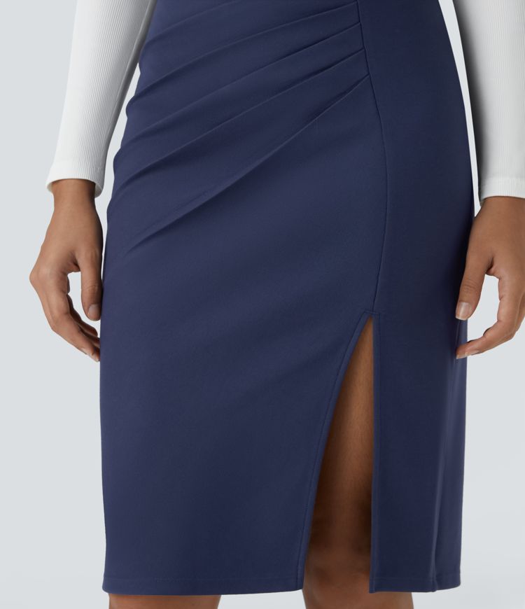 High Waisted Ruched Hem Slim Midi Work Skirt