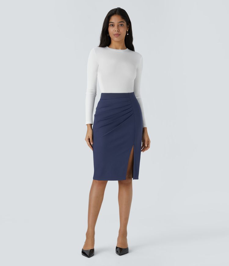 High Waisted Ruched Hem Slim Midi Work Skirt