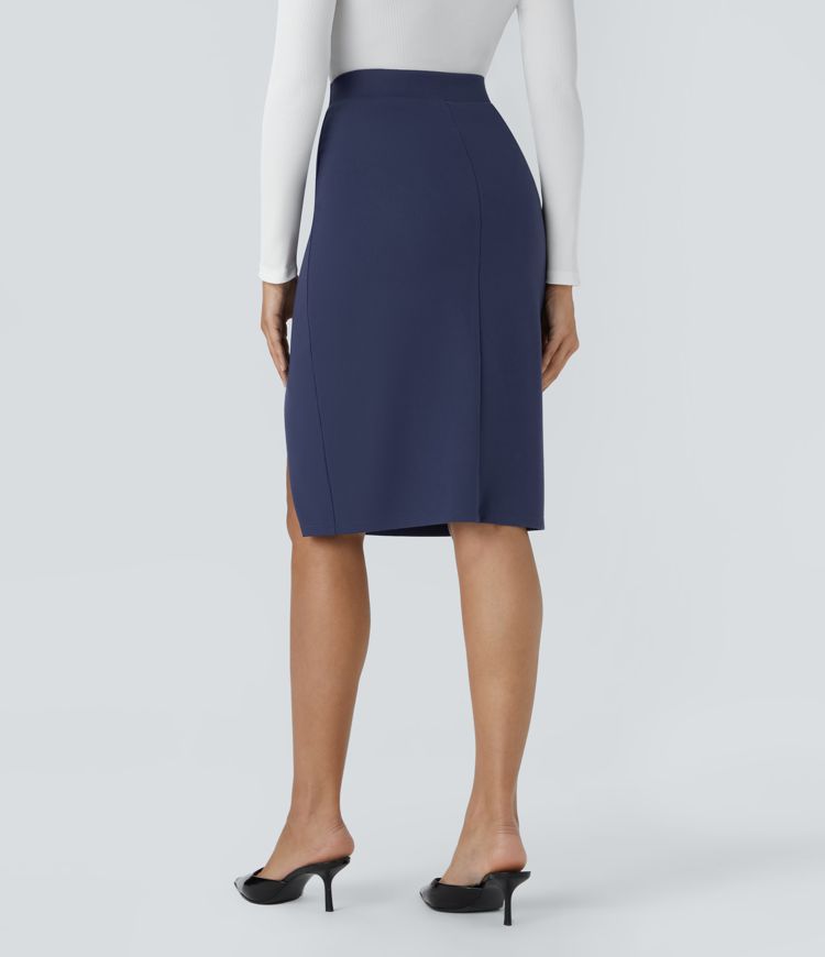 High Waisted Ruched Hem Slim Midi Work Skirt