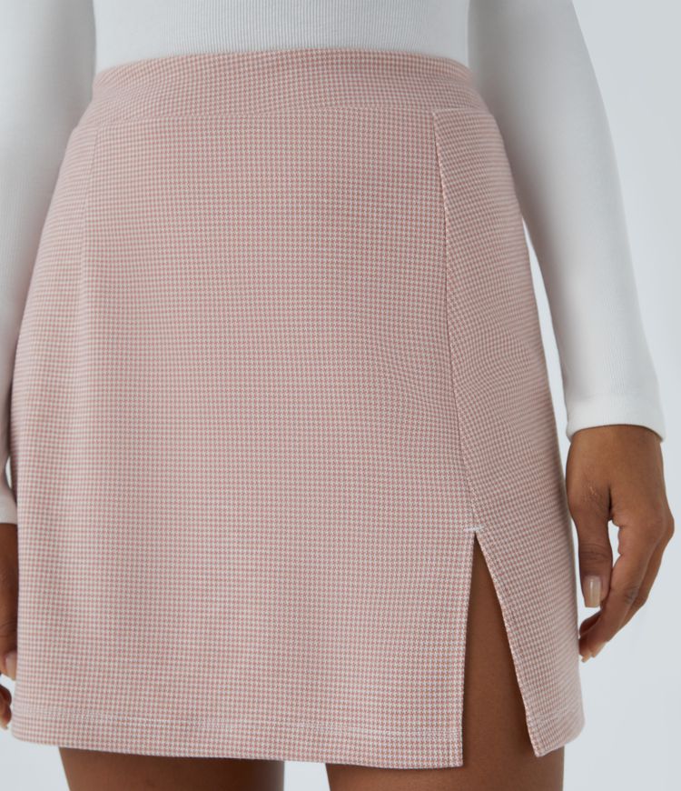 High-Waisted 2-in-1 Split Houndstooth Mini Work Skirt