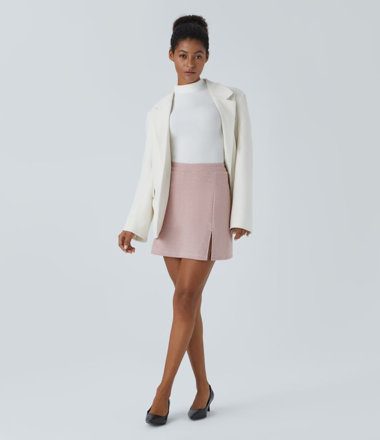 High-Waisted 2-in-1 Split Houndstooth Mini Work Skirt