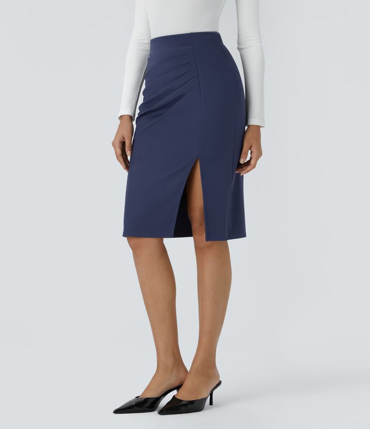 High Waisted Ruched Hem Slim Midi Work Skirt