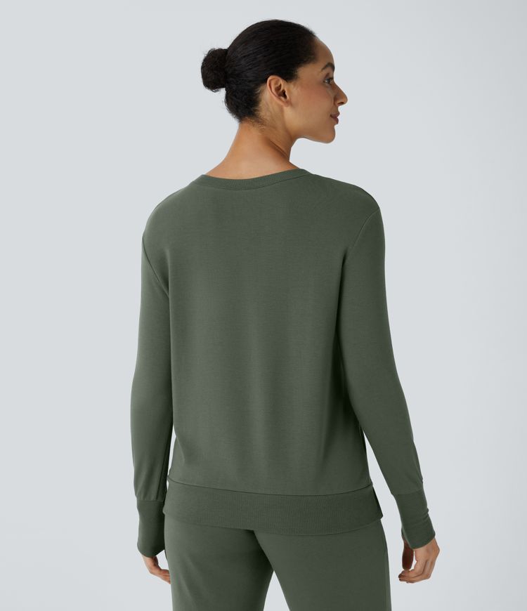 Sudadera salón polar cuello V abertura pulgar dobladillo acanalado dividido