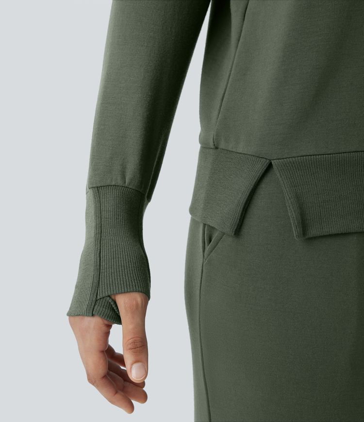 Sudadera salón polar cuello V abertura pulgar dobladillo acanalado dividido