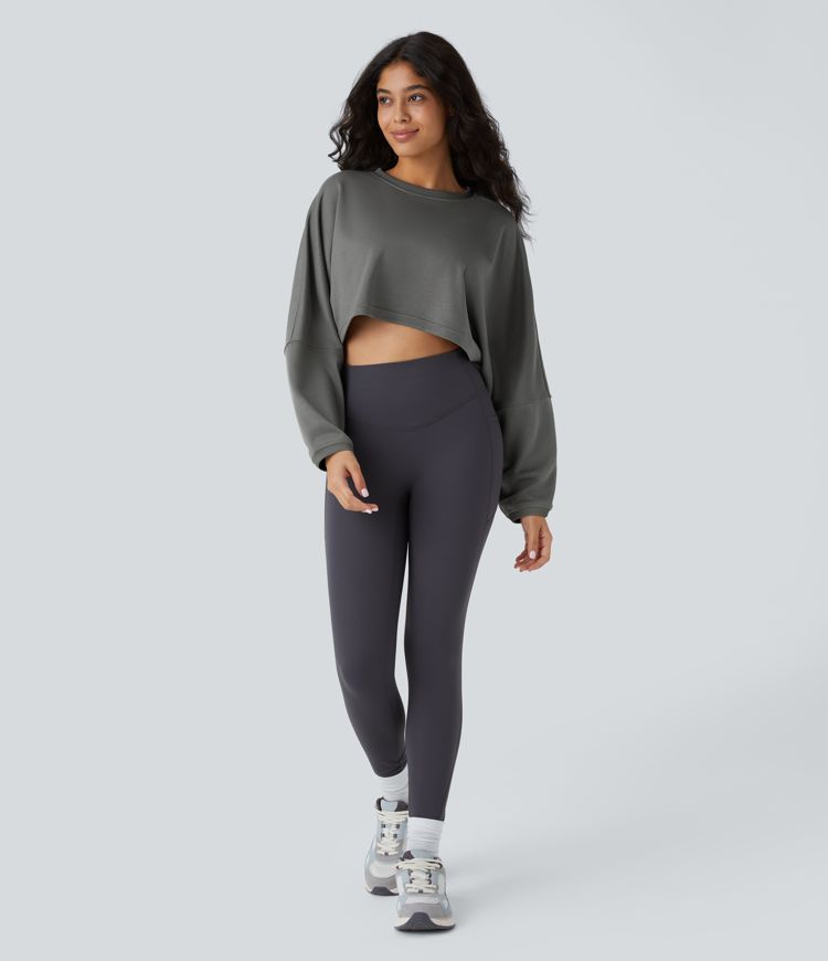 Round Neck Batwing Sleeve Cropped Relaxed Casual Sweatshirt