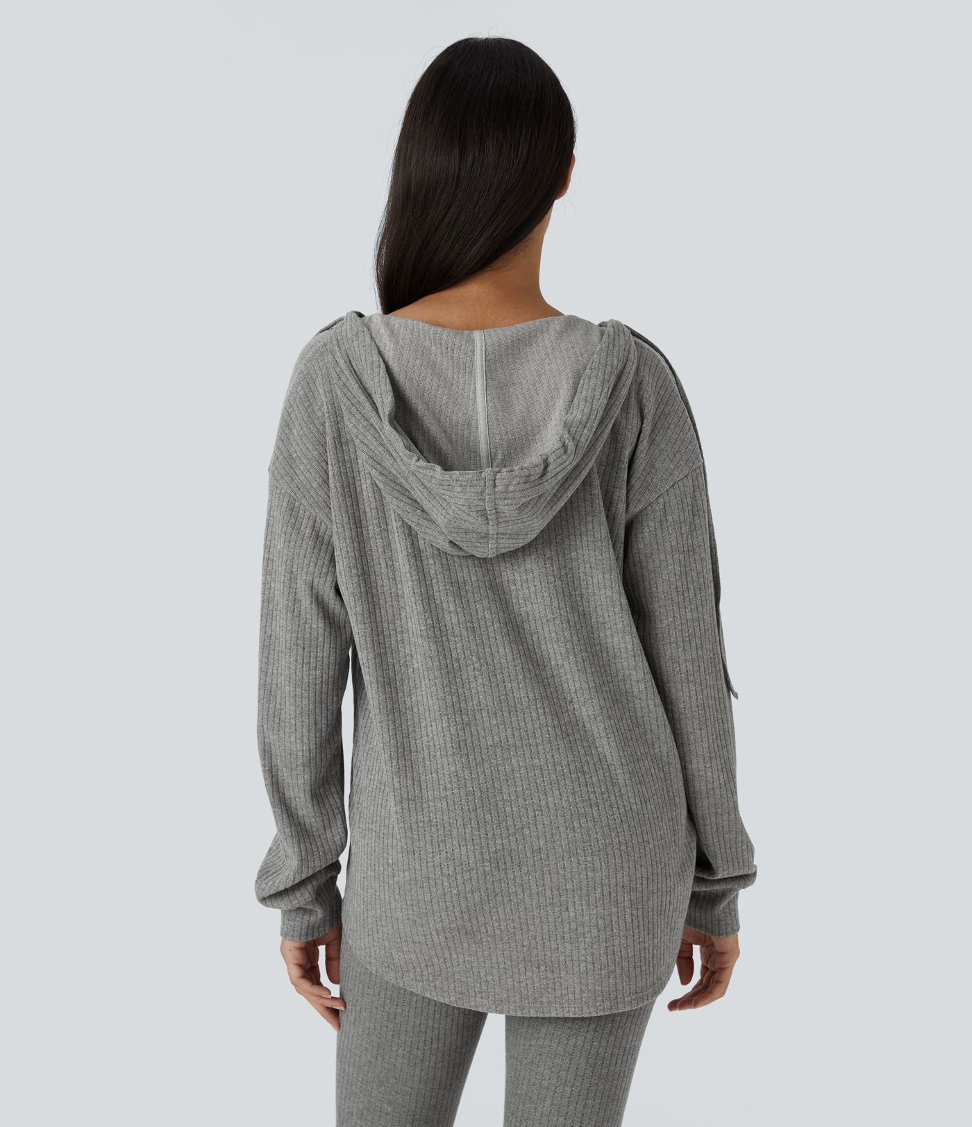 Sudadera capucha cuello V manga larga dobladillo curvo cordón ajustable acanalado