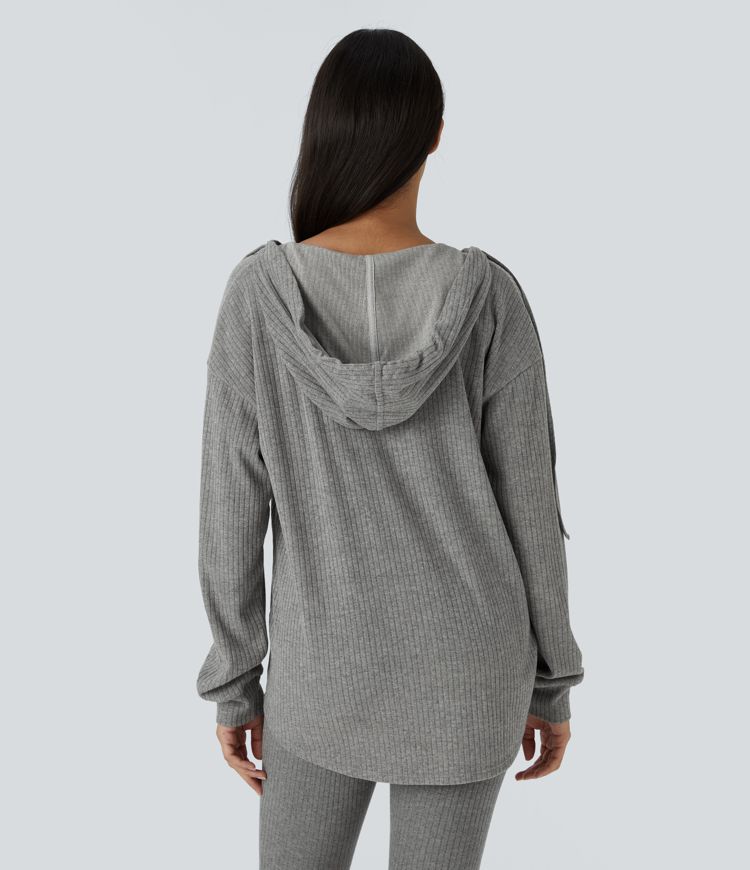 Sudadera capucha cuello V manga larga dobladillo curvo cordón ajustable acanalado