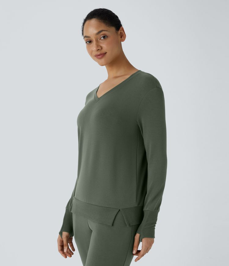 Sudadera salón polar cuello V abertura pulgar dobladillo acanalado dividido