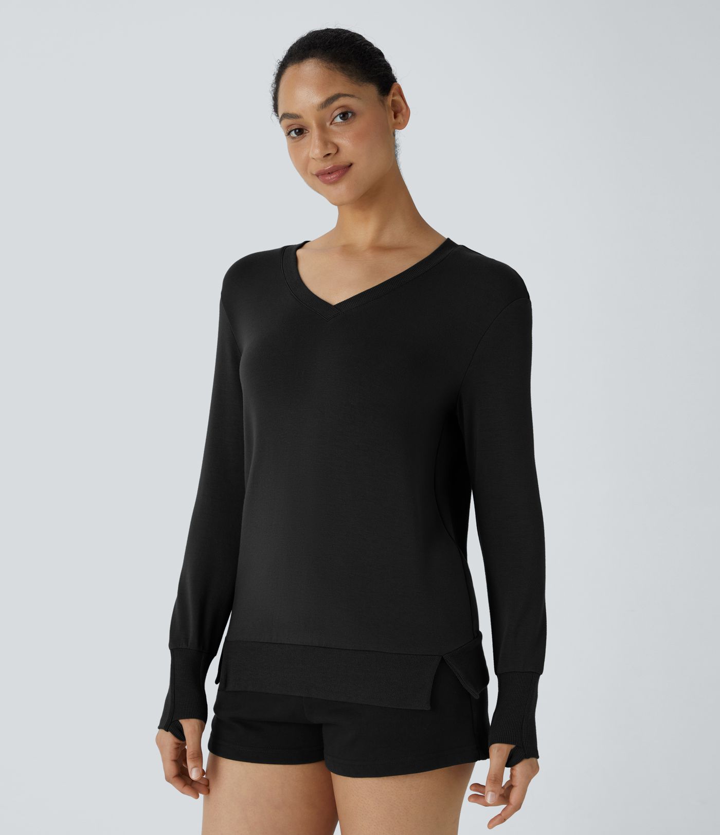 V-neck thumb hole split ribbed hem fleece loungewear sweatshirt