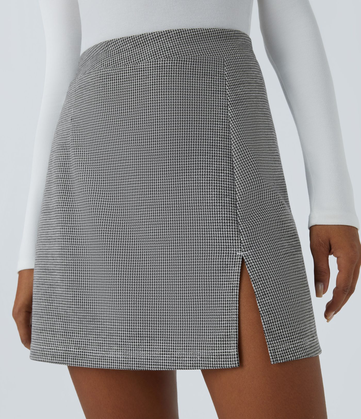 High Waisted 2-in-1 Houndstooth Mini Work Skirt