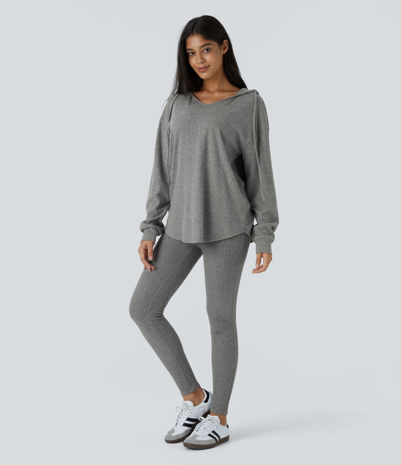 Rib Knit Hooded V-Neck Drawstring Long Sleeve Curved Hem Casual Sweatshirt