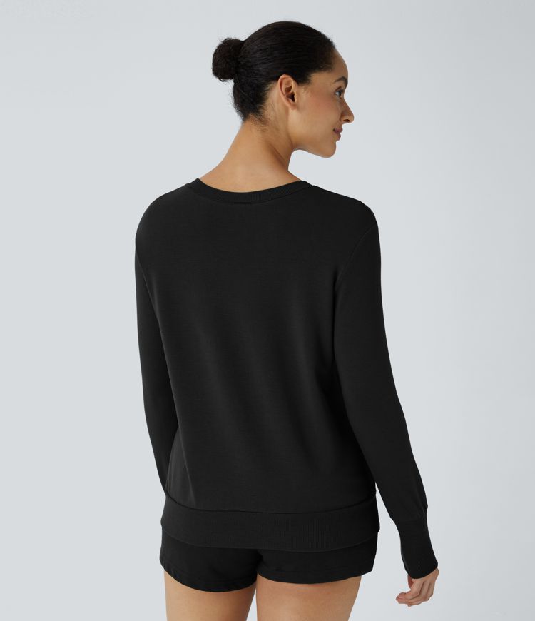 V Neck Thumb Hole Ribbed Hem Fleece Lounge Sweatshirt