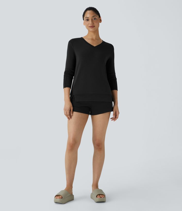 V Neck Thumb Hole Ribbed Hem Fleece Lounge Sweatshirt