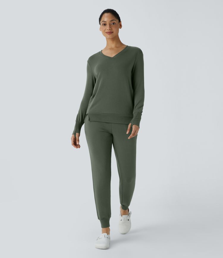 Sudadera salón polar cuello V abertura pulgar dobladillo acanalado dividido