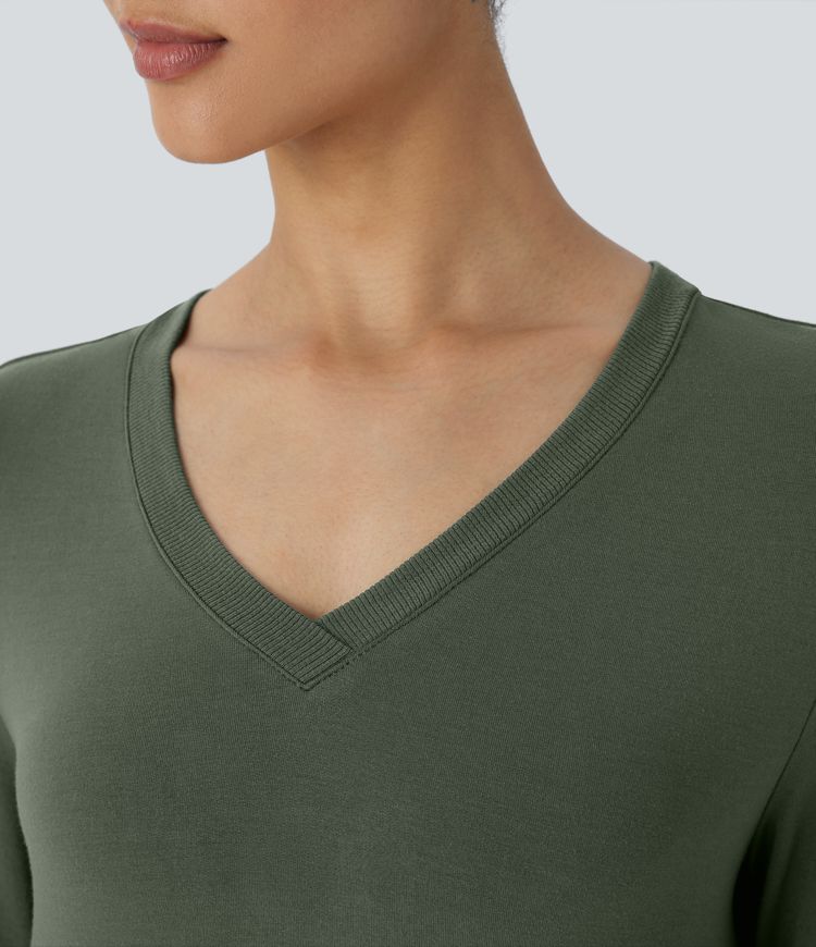 Sudadera salón polar cuello V abertura pulgar dobladillo acanalado dividido