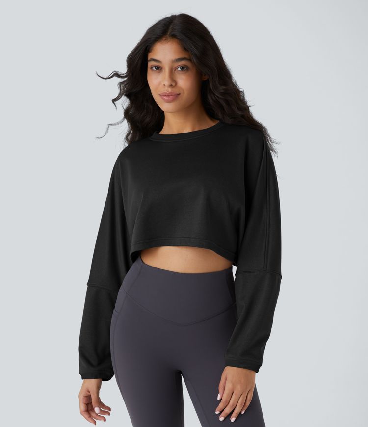 Round Neck Batwing Sleeve Cropped Relaxed Casual Sweatshirt